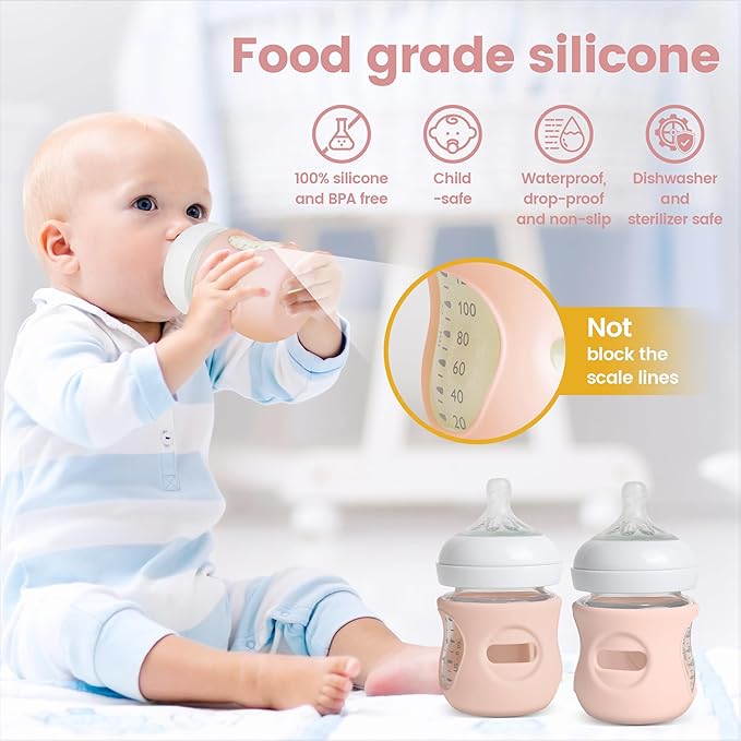 4 Pack Silicone Sleeves for Philips Avent Natural Glass Baby Bottles, Food Grade Silicone Cover and 4pcs Travel Caps, Lids Replacement (4Pink, 4oz)