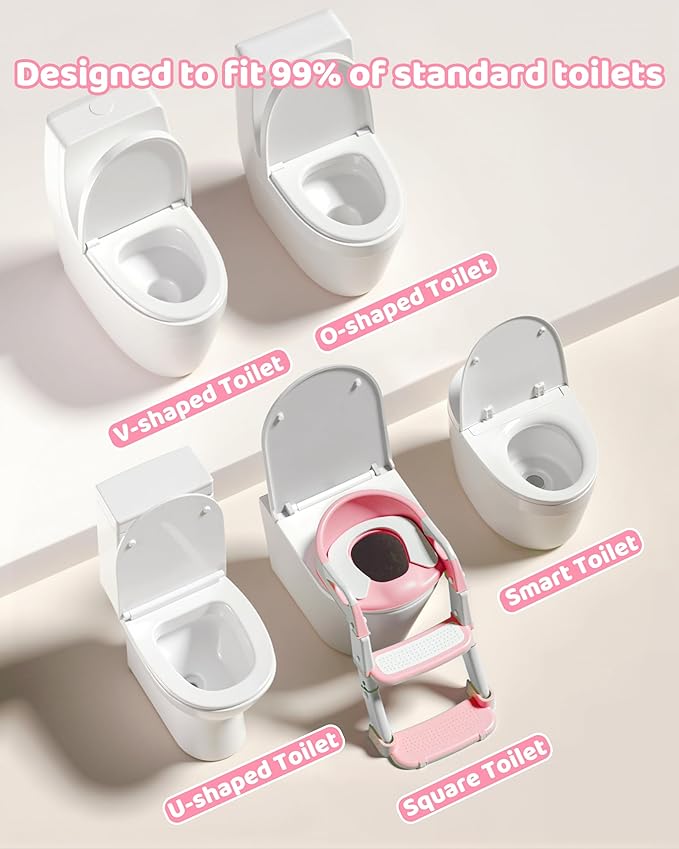 3-in-1 Potty Training Seat & Training Toilet & Potty Chair, Height AdjustableToddler Toilet Seat for Kids, Foldable Potty Training Toilet with Splash Guard & Anti-Slip Steps (Pink)