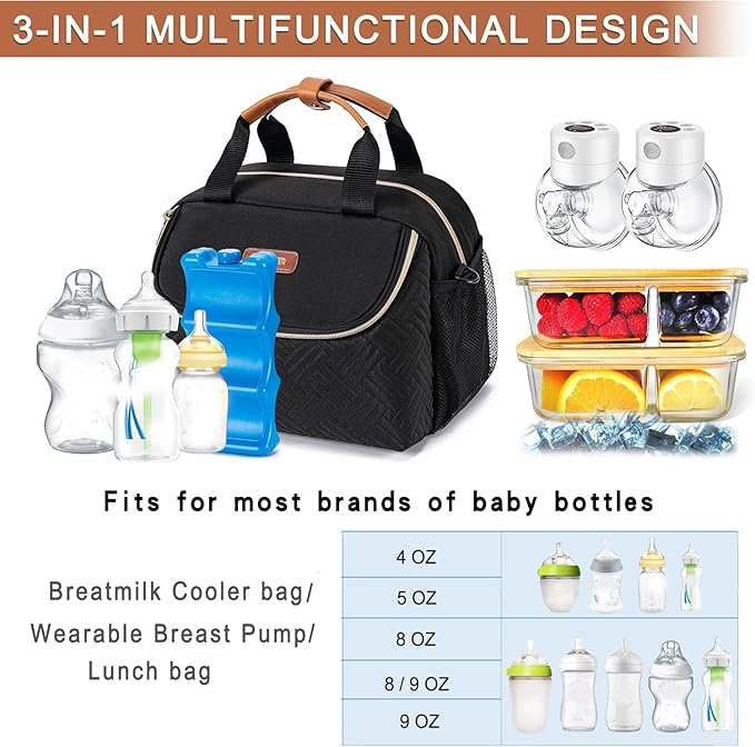 Breastmilk Cooler Bag with Ice Pack Fits 6 Baby Bottles up to 9 Ounce, Wearable Breast Pumps Cooler Bag for Nursing Mom Daycare, Work, Travel- Black