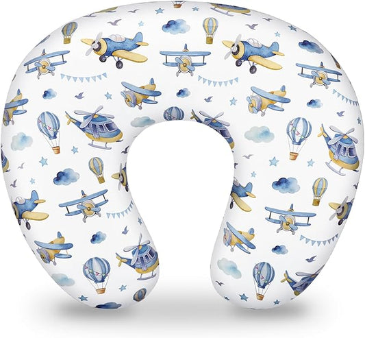 Nursing Pillow Cover, Breastfeeding Pillow Cover for Baby Girls Boys, Soft Stretchy Nursing Pillowcase for Infant Newborn, Removable Slipcover for Nursing Pillows, Blue Airplane(Only Cover)