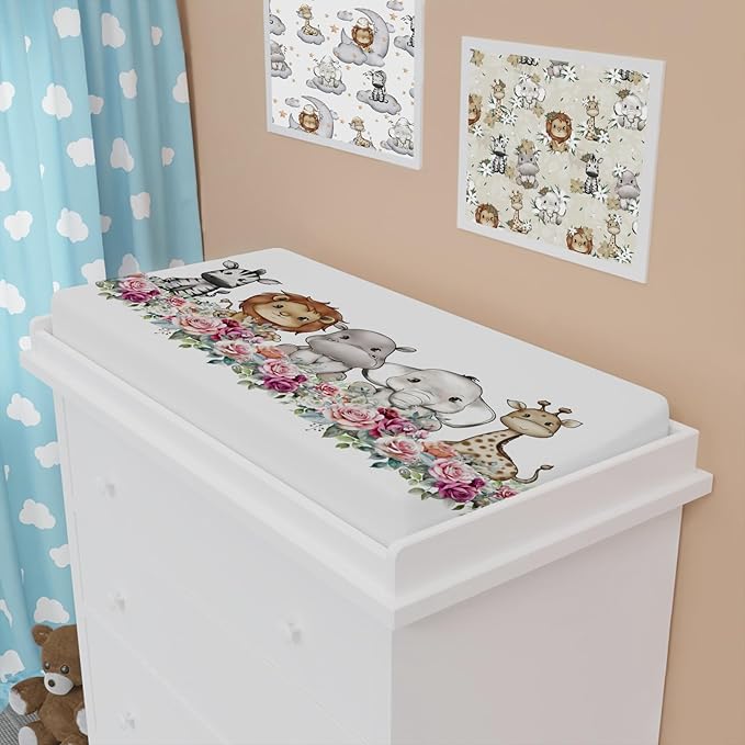 Baby Safari Animals Changing Pad Cover Cute Lion Elephant Giraffe Zebra Hippo Retro Floral Change Table Pad Cover for Boys Girls Soft Stretch Fitted Diaper Changing Mat Sheets 32''x16''