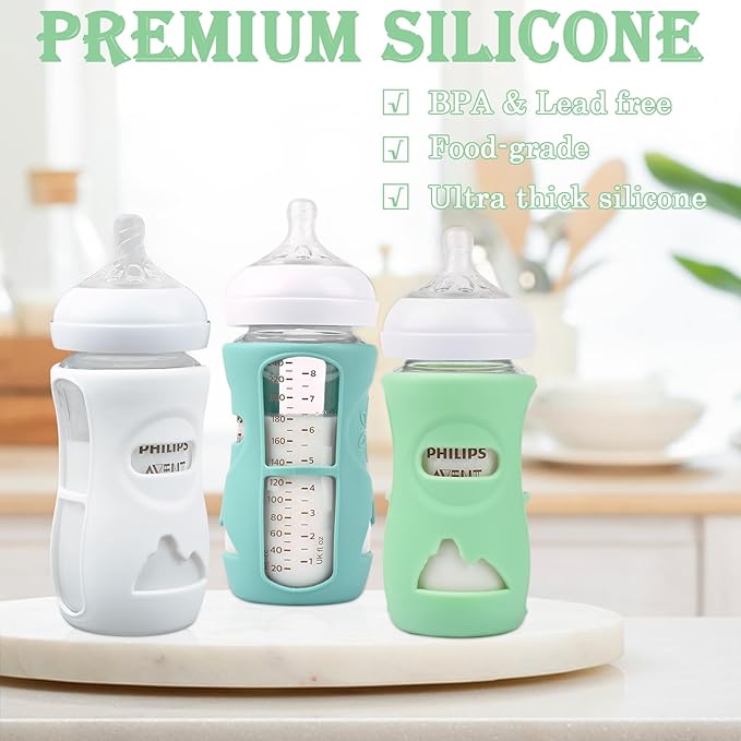 3 Pack Silicone Sleeves for Avent Natural Glass Baby Bottles, Anti Breakage Baby Bottle Holder, Compatible Philips Avent Glass Natural Baby Bottle 8 oz, BPA Free
