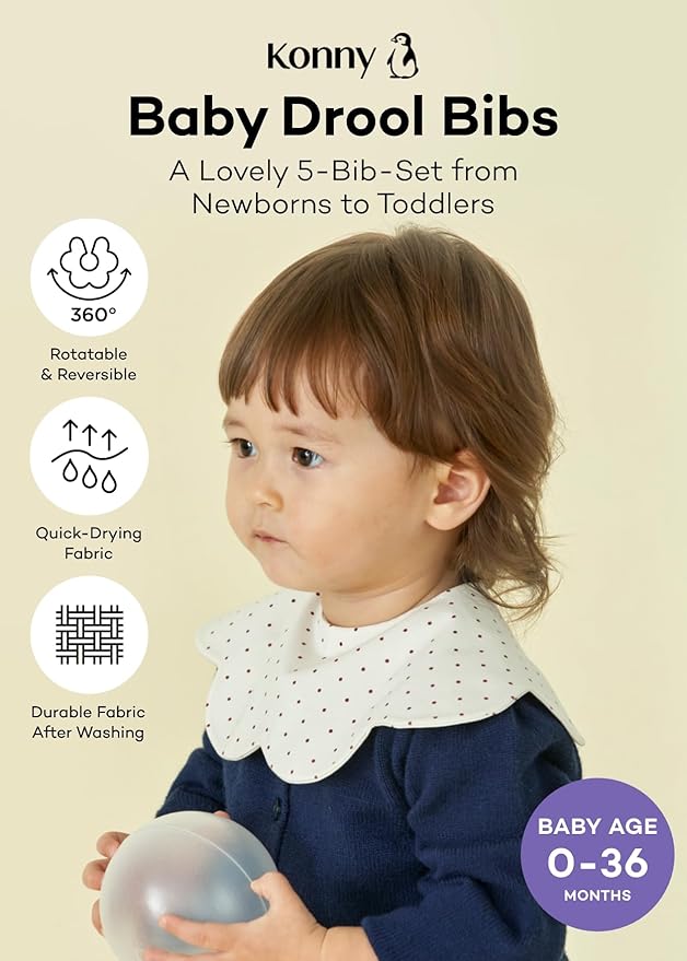 Konny Baby Bib 3/5/7-Pack Set, 360 ° Rotate, Soft and Absorbent Drooling for Toddler Boys Girls Baby Essentials