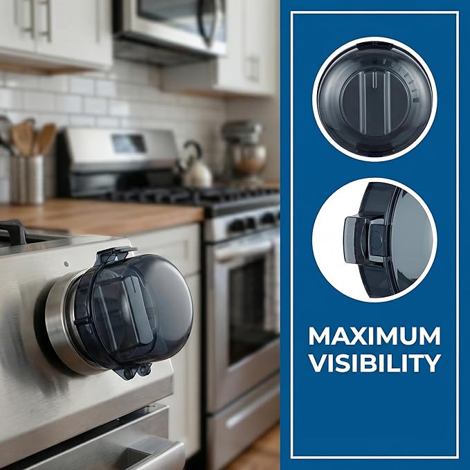 Stove Knob Safety Covers for Child (5 + 1 Pack), Upgraded Universal Size Press Gas Childproof Stove Covers with Adhesive, Heat-Resistant Oven Knob Locks for Kids and Pets (Clear)