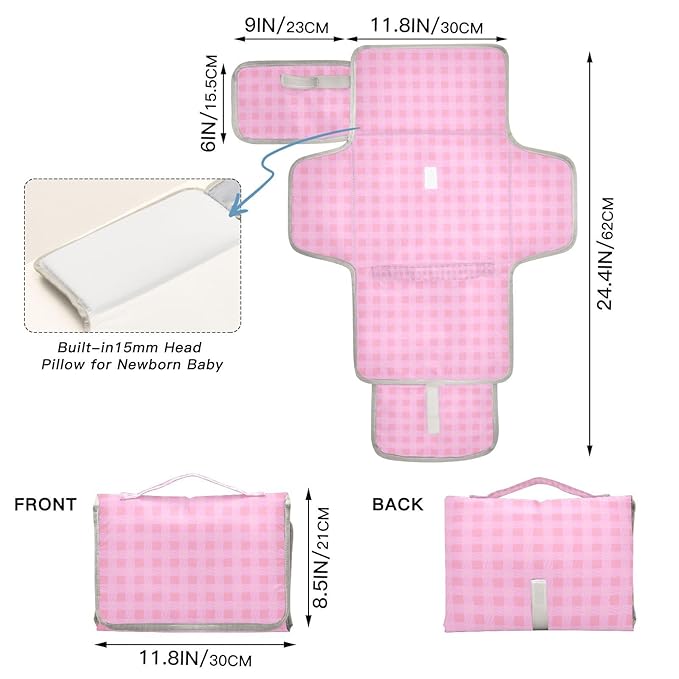 Portable Diaper Changing Pad Travel Baby Changing Mat Waterproof Diaper Changing Mat Foldable Lightweight Baby Changer with Built-in Pillow Checkered Pink 01