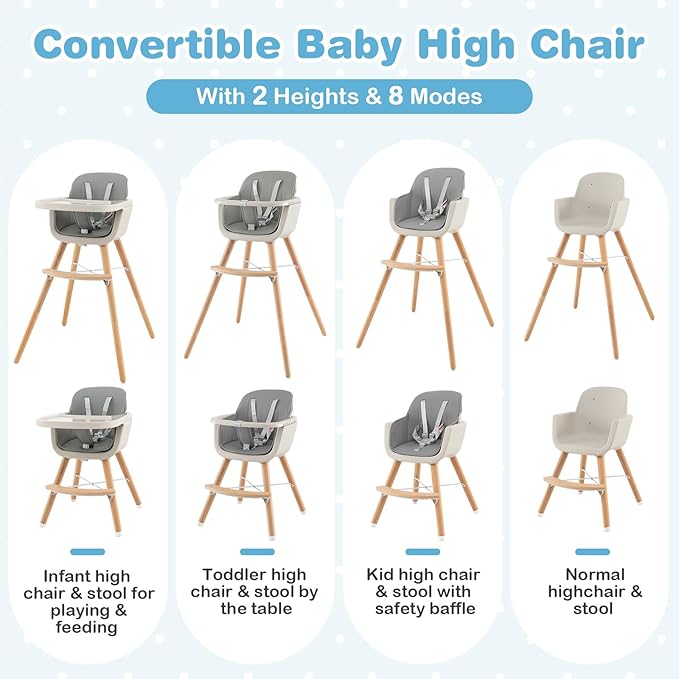 HONEY JOY Baby High Chair, 6-in-1 Eat & Grow Wooden Highchair/Toddler Chair with Removable Tray, 5-Point Harness, PU Cushion and Footrest, Convertible High Chair for Babies and Toddlers(Gray)