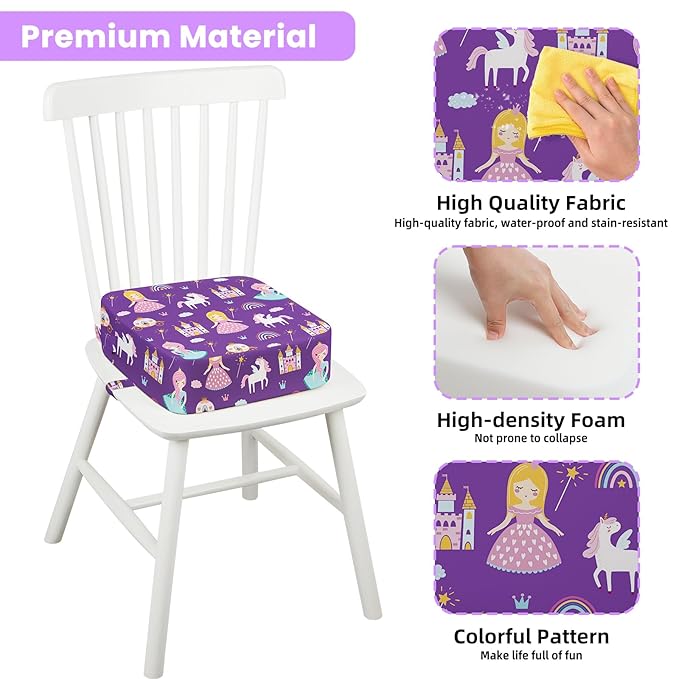 Toddler Booster Seat for Dining Table Kitchen Chair, Kids Booster Seat with Non-Slip Bottom and Adjustable Straps, 4" Detachable Washable Portable Travel Increasing Cushion (Princess)