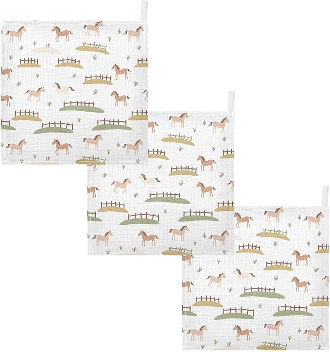 vvfelixl Cute Horses Fences Baby Burp Cloths Baby Muslin Washcloths for Boys Girls Cotton Babys Face Towel for Newborn Infants Soft and Absorbent 11.8 X 11.8 in, 5 Pack