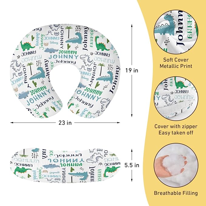 Baby Nursing Pillow Cover - Personalized Name Breastfeeding Pillow Cover with Dinosaur Pattern, Stretchy Removable U-Shaped for New Moms, Soft Breathable Slipcover for Infant Boys Girls