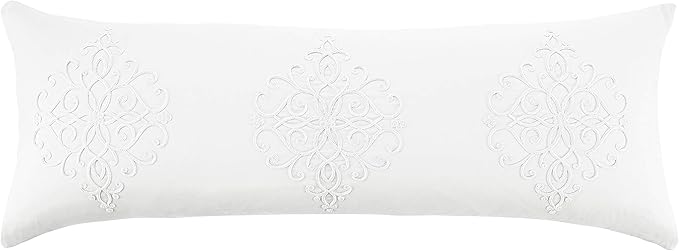 Sweet Jojo Designs White Boho Bohemian Body Pillow Case Cover (Pillow Not Included) - Solid Color Shabby Chic Princess Luxurious Luxury Elegant Vintage Designer Boutique Victorian Cotton Embroidered