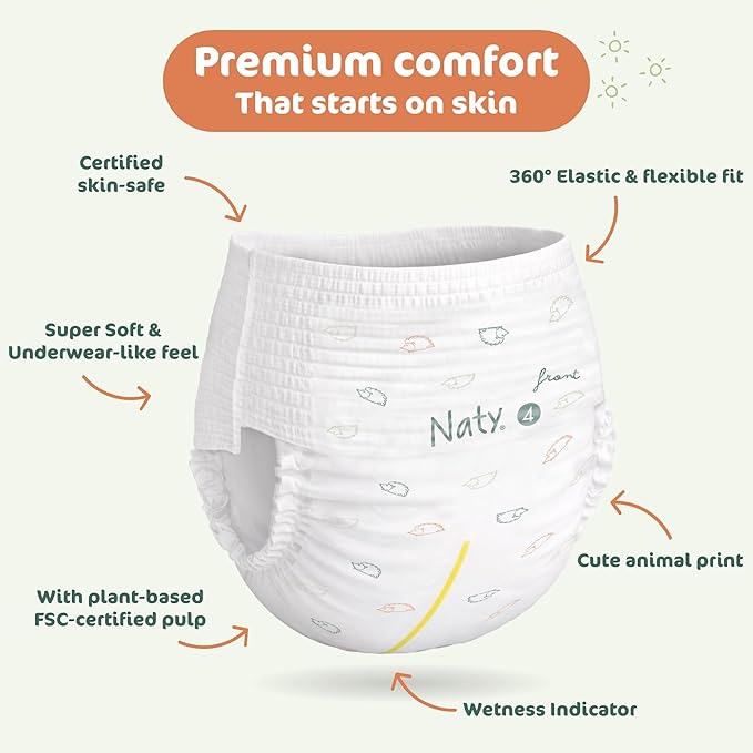 Naty FreeMovers Pull Up Training Pants for Sensitive Skin | Hypoallergenic Potty Training Underwear | Absorbent & Leak-Proof for Toddler | Soft, Unscented | Size 4, 2T–3T (18–33 lbs), 108 Count