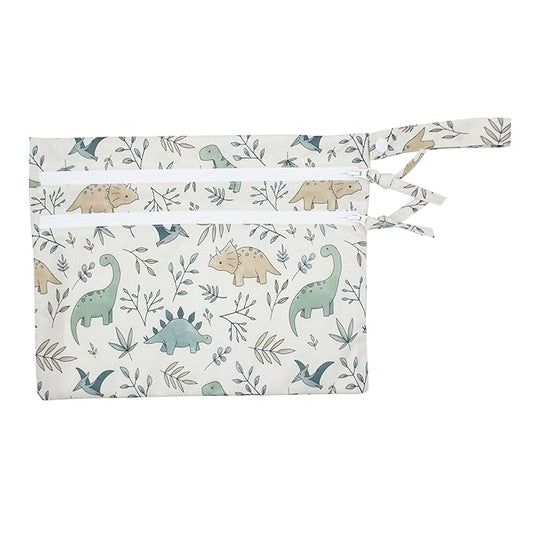 BapronBaby Foliage Dinos Wet Dry Bag - Waterproof Two Zipper Pocket - Reusable for Mealtime, Diapers, Stroller, Snacks, Swimsuits - Machine Washable - 11" x 9"