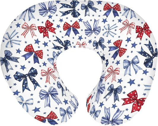 Red White & Blue Bows Nursing Pillow Covers for Boy Girl Patriotic Ribbons Stars Nursing Slipcovers for Breastfeeding Pillows Cute 4th of July Party Soft Stretchy Removable Cover for Newborn Infant