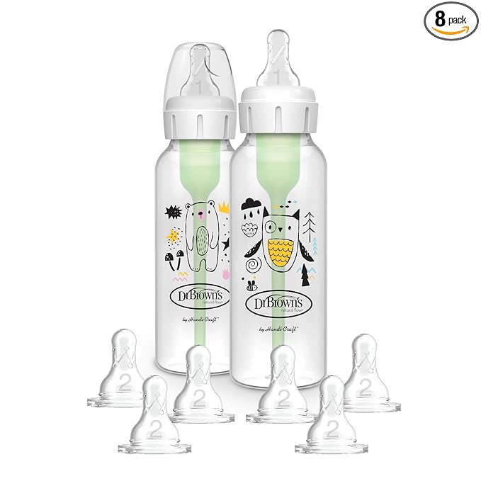Dr. Brown's Natural Flow Anti-Colic Options+ Narrow Baby Bottle, Bear & Owl, 8 oz/250 mL, with Level 1 Slow Flow Nipple, BPA free, 0m+, 2-Pack and Level 2 Flow 6-Pack Nipples