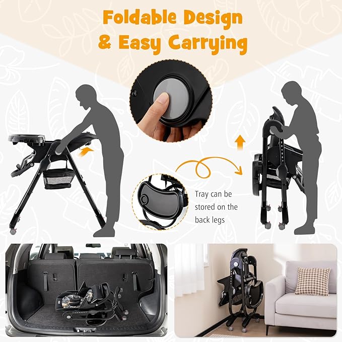 BABY JOY High Chair, Foldable Baby High Chair with Adjustable Height, Recline & Footrest, Double Removable Tray, Storage Basket, Portable Chair with Wheels for Babies & Toddlers (Black)