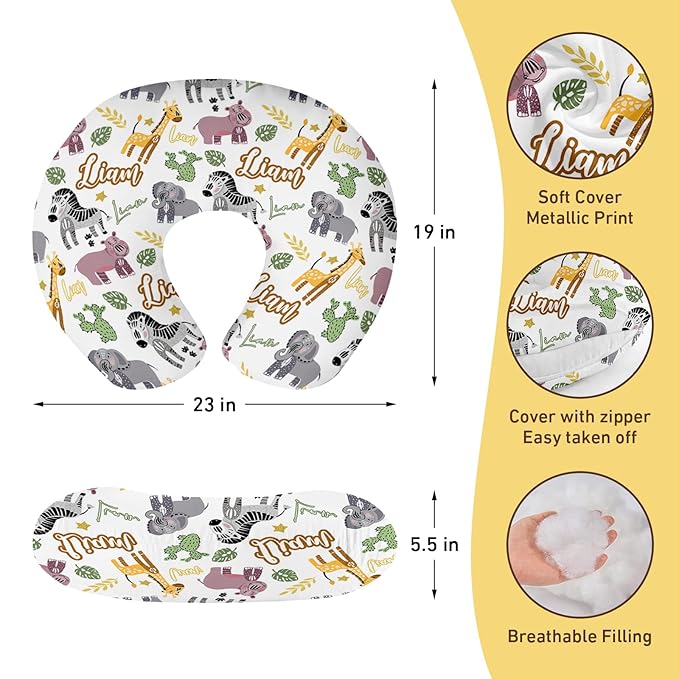 Baby Nursing Pillow Cover - Personalized Name Breastfeeding Pillow Cover with Zebra Pattern, Stretchy Removable U-Shaped for New Moms, Soft Breathable Slipcover for Infant Boys Girls