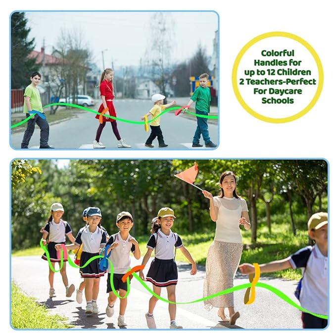 Safety Walking Rope with Colorful Handles for Up to 6 Children,10 Children and 12 Children-Perfect for Daycare Schools and Teachers.