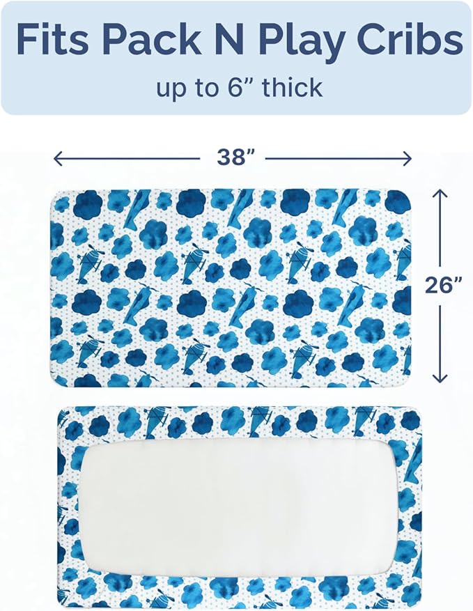 Pack and Play Sheets Fitted - 2 Pack Mini Crib Sheets for Pack N Play Mattress - Unisex Playard Microfiber Bedding for Boys & Girls - Soft, Breathable & Wrinkle Free - Oeko-Tex, 38 x 26in - Plane Sky