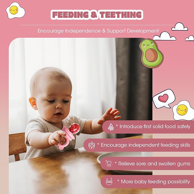 Baby Food Feeder Set, 2 Packs Fruit Feeder & Breastmilk Popsicle Molds Freezer Tray with Lid, Silicone Fruit Feeder to Teething Relief, Introduce New Foods, Baby Feeding Essentials(Red+Beige)