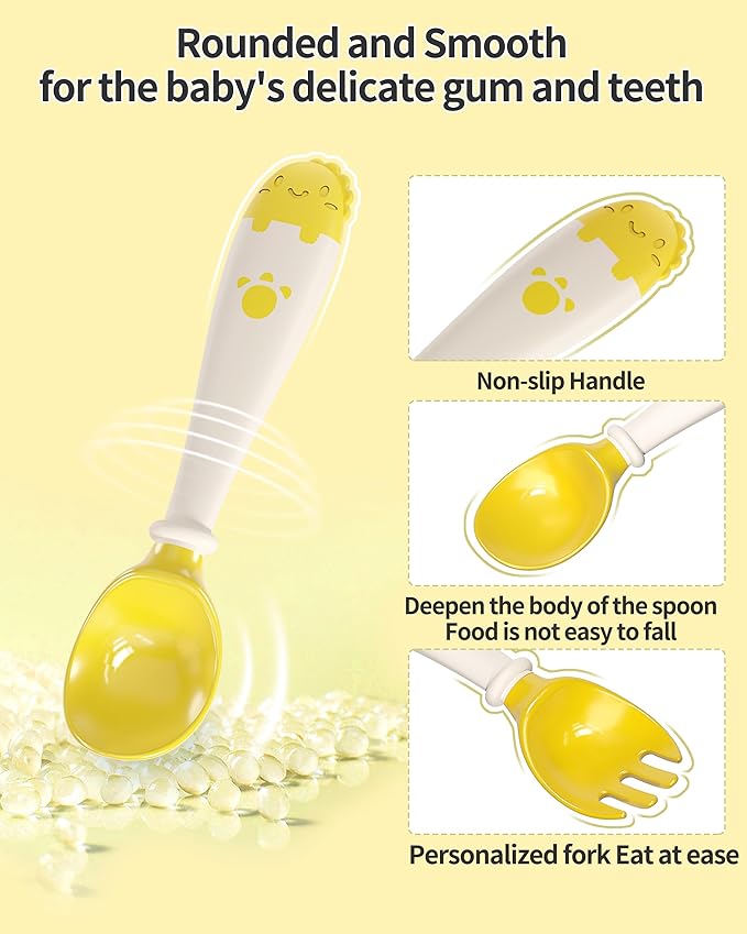 Deejoy Toddler Utensils, Self-feeding Flatware Set withTravel Case, Baby Spoons and Forks with Silicone Bendable Handle, Easy Grip Heat-Resistant, Ideal for Kids, Stage 2, Yellow