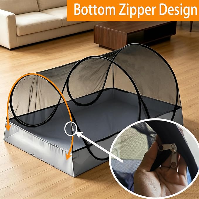 CMINGJ Portable Mosquito Net Foldable Pop-Up Travel Mosquito Net for Bed Free Installation-Suitable for Baby Adults Bedroom, Camping, nap, Patio (Large-Bottom Zipper(Black net))