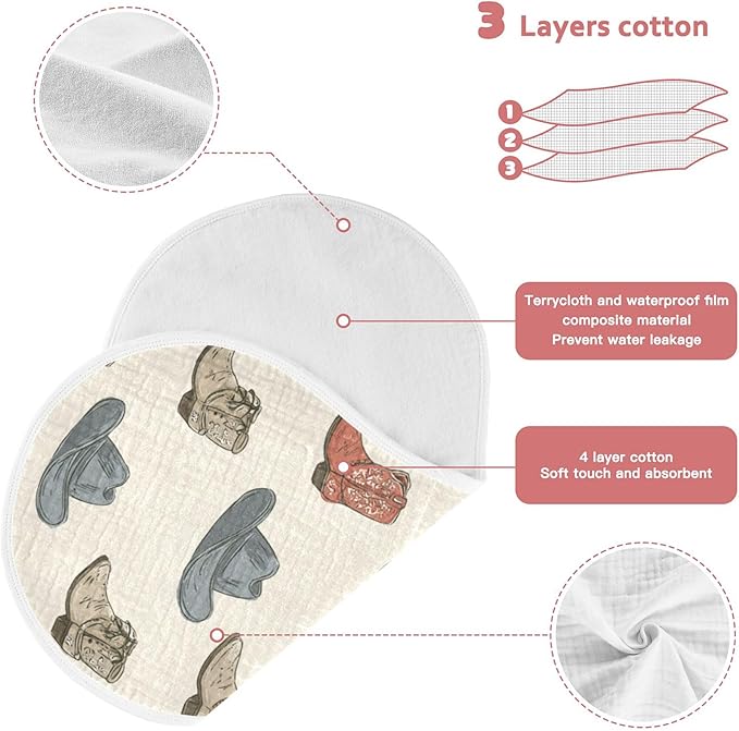 Western Cowboy Boots Vintage Burp Cloths Baby Boys Girls Absorbent Soft Cotton Burping Cloths Rags, 1 Pack