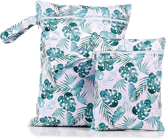 2 Pcs Wet Bags Waterproof Reusable Zippered Pocket Cloth Diaper Bag for Travel Beach Pool Swim, Baby Diapers,Gym Yoga Wet Clothes,Swimsuit,water wipes (Sea grass)