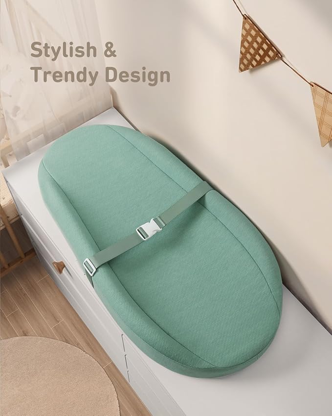 Contoured Changing Pad with Soft & Washable Cover, Waterproof Lining Foam Baby Changing Table Pads for Dresser Top, Secure with Security Strap and Two High Curved Sides, 32”×16”, Sage Green