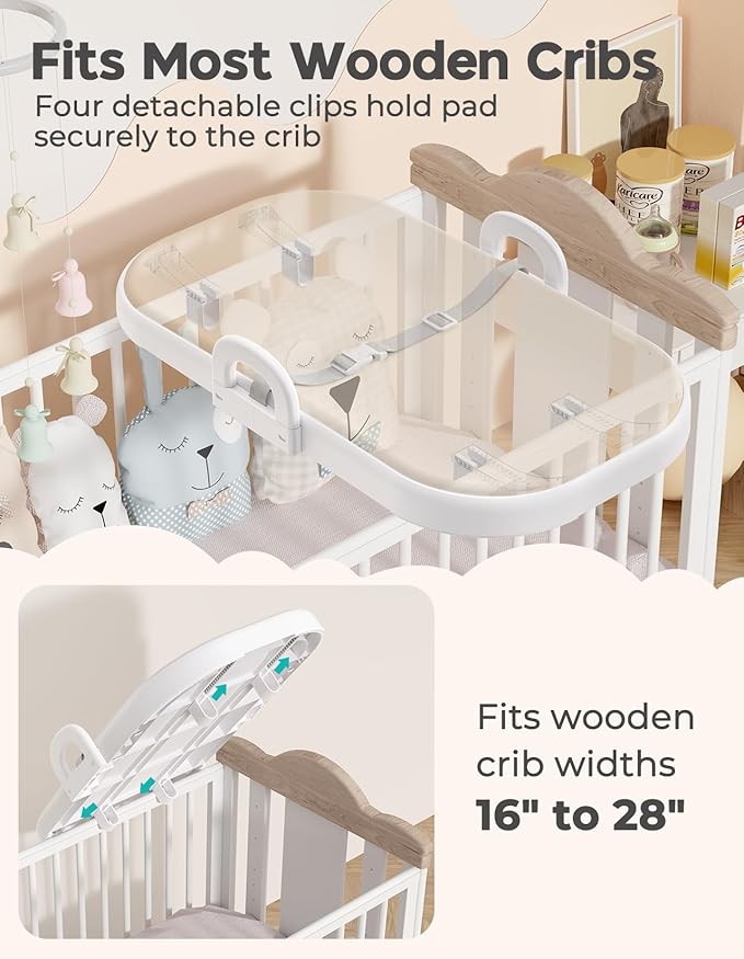 Xaproo Baby Changing Pad, Soft EVA Wipeable Diaper Changing Pad with Adjustable Crib Clips, Non-Slip Changing Table Pad with Safety Strap & Side Handles, Fits Cribs, Dressers & Changing Tables, Beige
