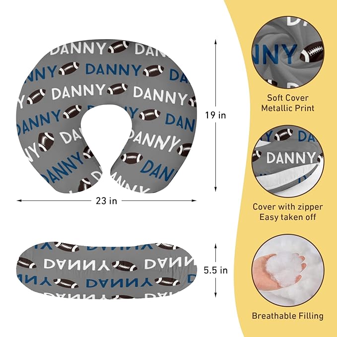 Baby Nursing Pillow Cover - Personalized Name Footballs Theme Breastfeeding U-Shaped for Bottle Feeding, Soft Comfortable Breastfeeding Pillow Cover for Infant Baby Boys and Girls