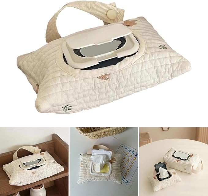Portable Baby Wipe Bag Strollers Tissue Bag with Lanyard, Reusable Cotton Tissue Holder Case for Stroller and Car