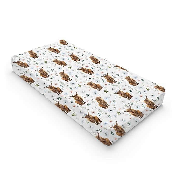 Highland Cow Poppy Leaves Baby Changing Pad Cover for Boy Girl 32''x16'' Highland Yak Boho Floral Fitted Diaper Change Table Sheets Farm Animal Comfort Soft Breathable Nursery Changing Table Mats