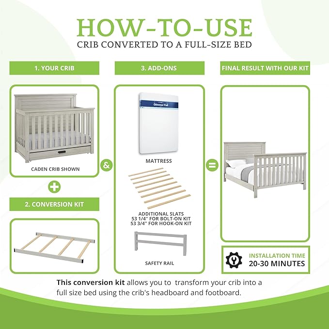 CC KITS Full-Size Conversion Kit Bed Rails Compatible with Simmons Kids Convertible Cribs by Delta Children - Solid Wood Rail - Toddler and Adult Bed Rail for Full-Size (Rustic Mist, Bolt-ON KIT)