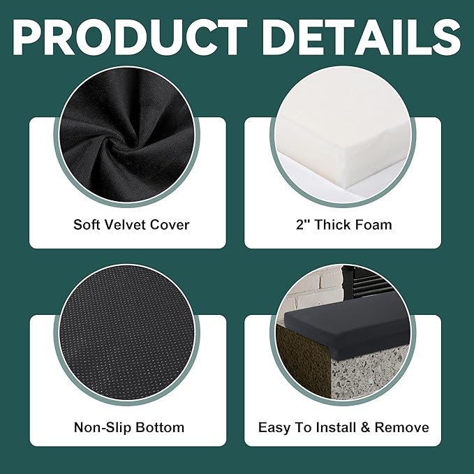 MABOZOO 2-Inch Thick Fireplace Hearth Cushion, 72"x14" Baby Proofing Seat Edge Pad for Child Safety, Soft Fireplace Baby Proofing Bench & Windowsill Protector, Black