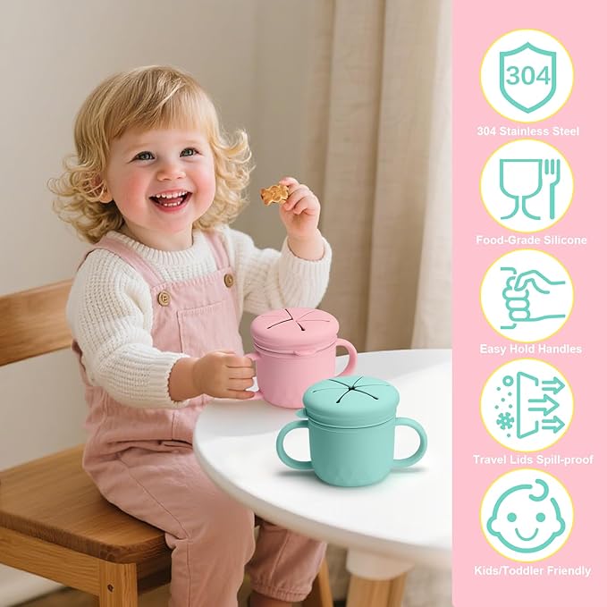 Snack Cups for Toddlers Spill Proof, Stainless Steel Snack Containers for Kids, Reusable Toddler Snack Containers with Lid & Handle, Baby Snack Cups, Dishwasher Safe