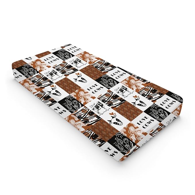 Love Cows Changing Pad Cover Hippie Funny Cows Boho Floral Change Table Pad Cover for Boys Girls Soft Breathable Stretchy Snug Fitted Unisex Diaper Change Table Sheets Mats 32''x16'' Brown