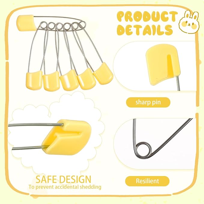 WILLBOND 50 Pcs Diaper Pins Safety 2.2 Inch Plastic Head Cloth Diaper Nappy Pins with Locking Closures Stainless Steel with Velvet Bag (Yellow)