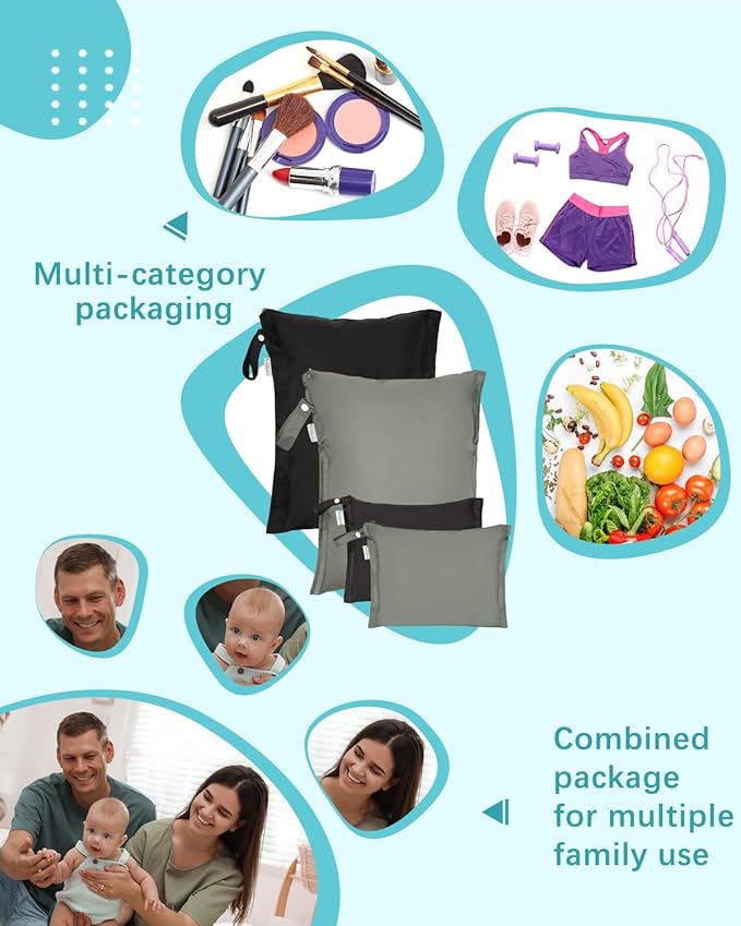 babygoal Wet Dry Bags 4 Pack, Waterproof Reusable Travel Bags for Swimsuits, Baby Cloth Diapers, Beach, Pool, Gym Bag & Wet Clothes