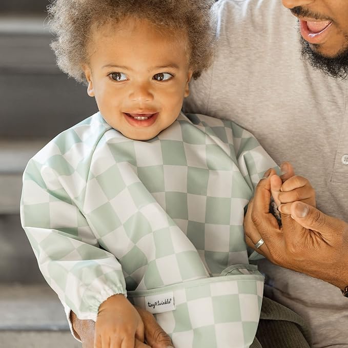 Tiny Twinkle Long Sleeve Bib for Babies&Toddlers|2-Pack Waterproof Smock Bib for Eating|Machine Washable&Mess-Proof Feeding Essentials|Newborn Shower Gift(Sage,Beige Checkers,6-24M)