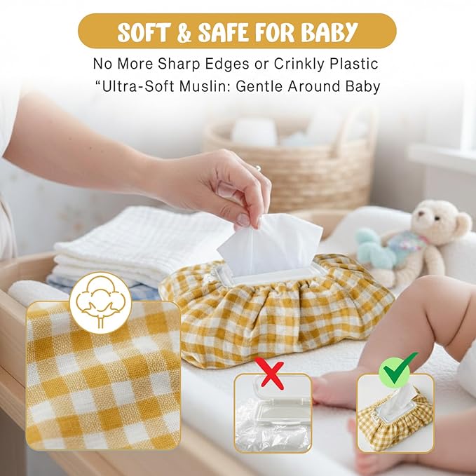 Baby Wipes Cover – Universal Size, One Size Fits All Wipes Packages | Muslin Cotton Tissue Cover for Nursery, Diaper Bag & Changing Table, Station | Gingham & Neutral Patterns (Mustard Yellow Gingham)