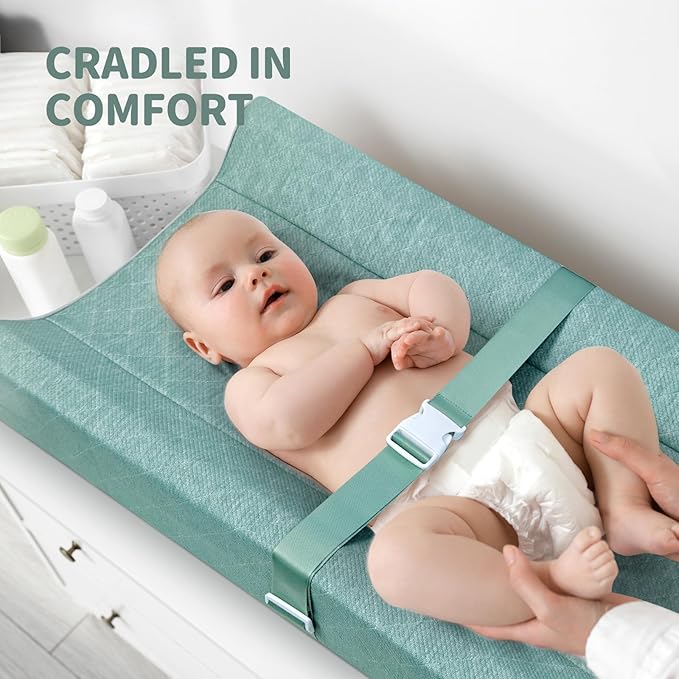 Baby Soft Changing Pad with Washable Cover, Baby Diaper Changing Pads for Dresser Top with Safety Strap,Non-Slip Bottom, Topper for Standard Size Infant Diaper Table & Dresser(Green)