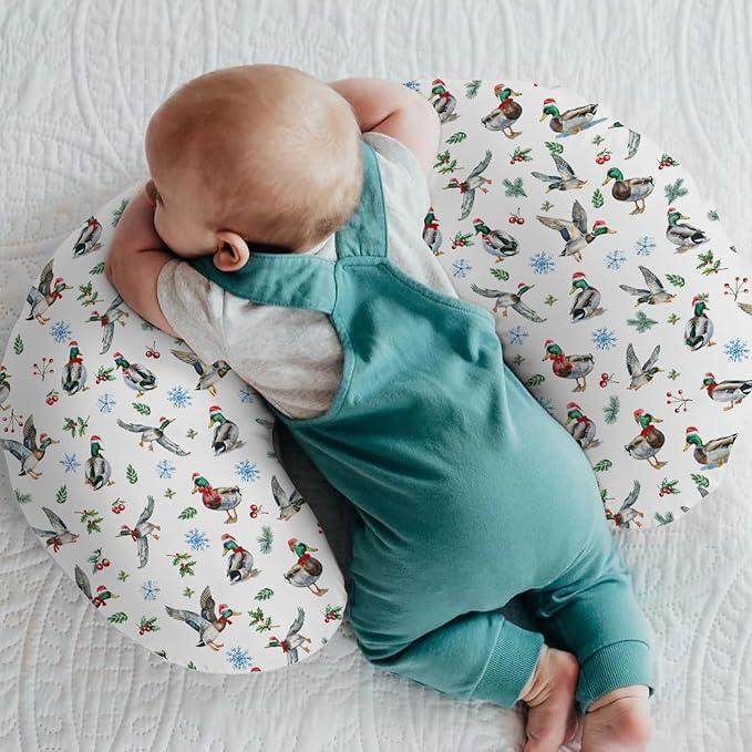 Christmas Mallard Ducks Baby Nursing Pillow Covers for Boy Girl Wild Ducks Cherry Fir Leaves Nursing Pillowcase for Breastfeeding Pillows Winter Hunting Duck Soft Stretchy Slipcovers for Newborn