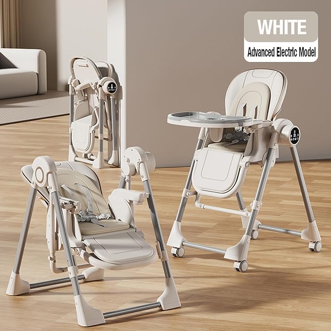 Nine point nine Electric Bluetooth Smart PU Leather High Chair with Swinging Function, Baby High Chairs for Babies and Toddlers, Baby Feeding Chairs Seat, Removable Wheels, Double Tray (E8121 White)