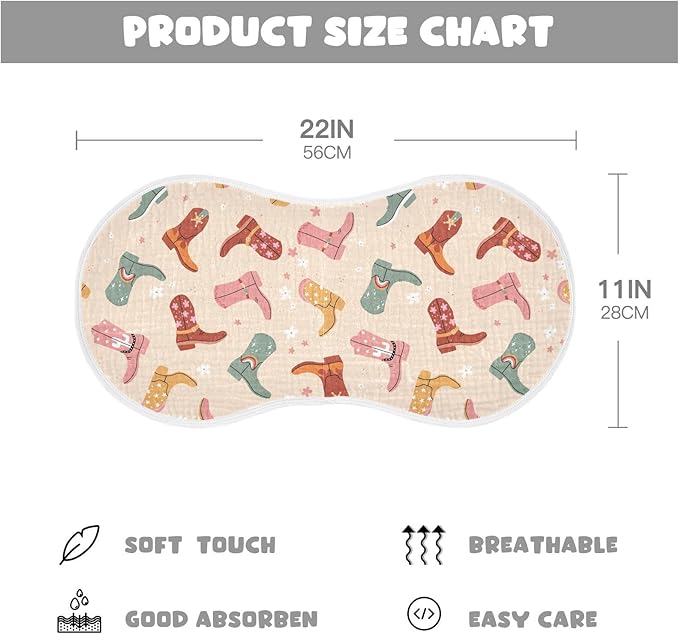 Cowboy Boots Muslin Burp Cloths for Baby Boys and Girls - 2-Pack Ultra Absorbent Muslin Washcloths, Newborn Towel, Milk Spit Up Rags, Burp Cloth Bibs for Unisex, 22 x 11 Inch