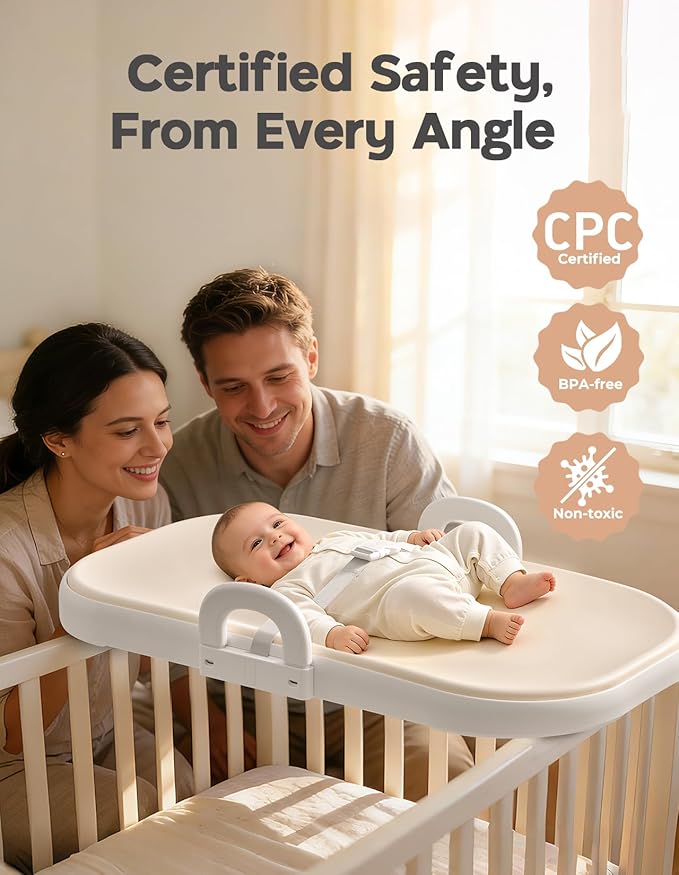 Xaproo Baby Changing Pad, Soft EVA Wipeable Diaper Changing Pad with Adjustable Crib Clips, Non-Slip Changing Table Pad with Safety Strap & Side Handles, Fits Cribs, Dressers & Changing Tables, Beige