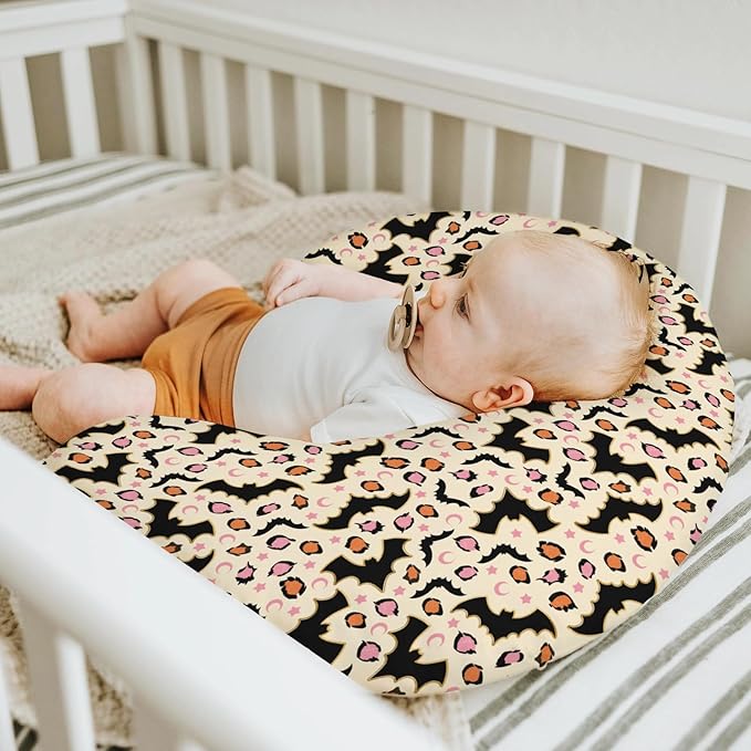 Halloween Bats Leopard Baby Nursing Pillow Covers for Boy Girl Pink Orange Spooky Bats Moon Stars Nursing Pillowcase for Breastfeeding Pillows Halloween Night Soft Stretchy Slipcovers for Newborn