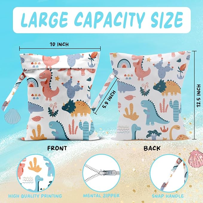 Wet Bag for Baby Swimsuit Kids Wet Dry Bag for Breast Pump Parts Diaper Bag Toiletries Daycare Organizer Beach Vacation Essentials Colorful Dinosaur Waterproof Travel Laundry Bags