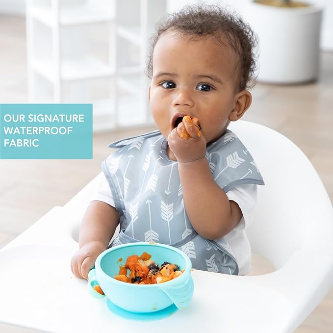 Bumkins Bibs for Girl or Boy, SuperBib Baby and Toddler for 6-24 Months, Essential Must Have for Eating, Feeding, Baby Led Weaning Supplies, Mess Saving Catch Food, Waterproof Soft Fabric, Gray Arrows