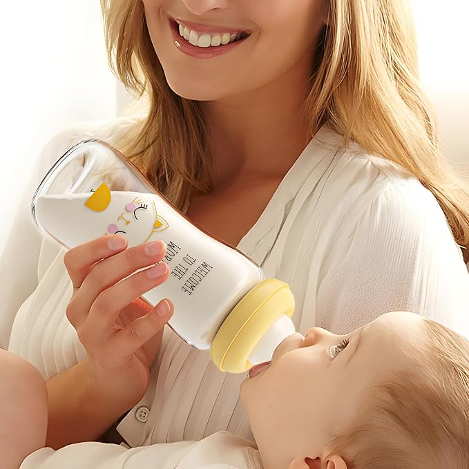 YOHKOH Natural Glass Baby Bottle with Level 2 Medium Flow Nipple, Newborn Anti-Colic Baby Bottles, Wide Neck Mushroom Baby Glass Bottle (8.8ounce (Pack of 4), Yellow1)