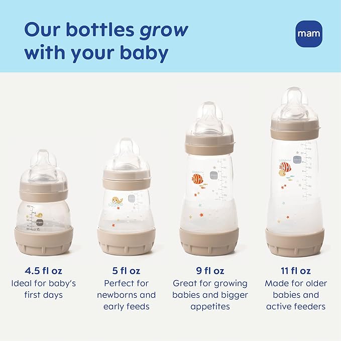 MAM Welcome Home Baby Gift Set – Easy Start Anti-Colic Bottles (2X 5oz, 2X 9oz) & 2 Pacifiers 0-6 Months, Extra Nipples, Training Toothbrush, Self-Sterilizing Complete Baby Feeding Set